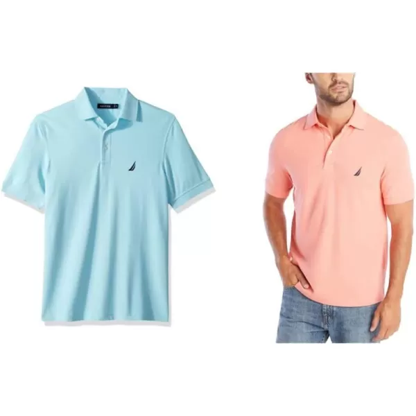 Nautica Mens Short Sleeve Solid Stretch Cotton Pique Polo ShirtBright AquaPale Coral 2 Pack