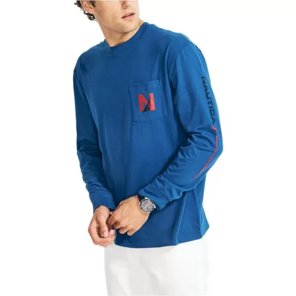 Nautica Mens Sustainably Crafted Graphic LongSleeve Pocket TShirtBright Cobalt