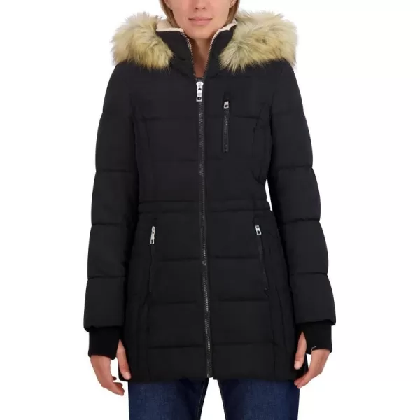 Nautica Womens 34 Microfiber Puffer Jacket with Faux Fur HoodBlack