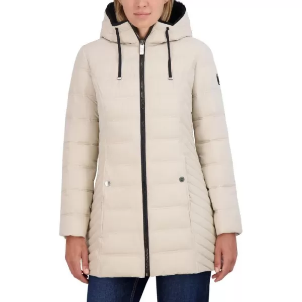 Nautica Womens 34 Stretch Puffer Jacket with Fur Hood and Half BackBeige