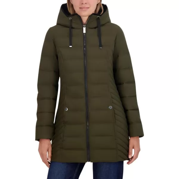 Nautica Womens 34 Stretch Puffer Jacket with Fur Hood and Half BackGreen