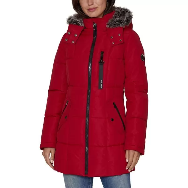 Nautica Womens Heavyweight Puffer Jacket with Faux Fur Lined HoodNautica Red