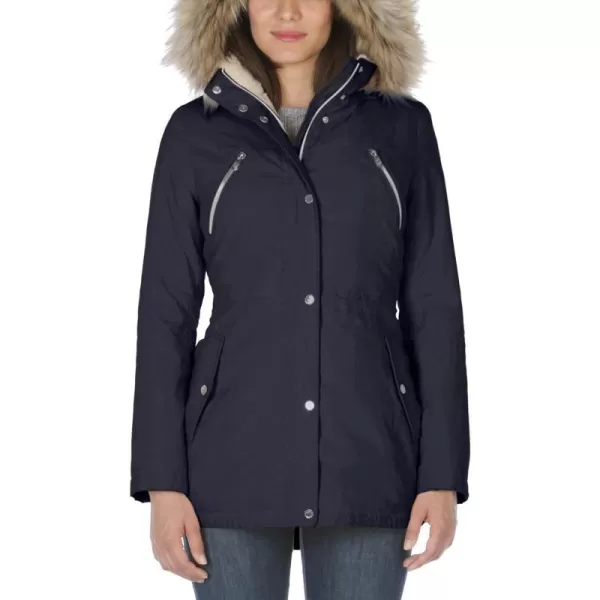 Nautica Womens Microfiber Parka Anorak Jacket with Faux Fur Hooded TrimNavy Seas