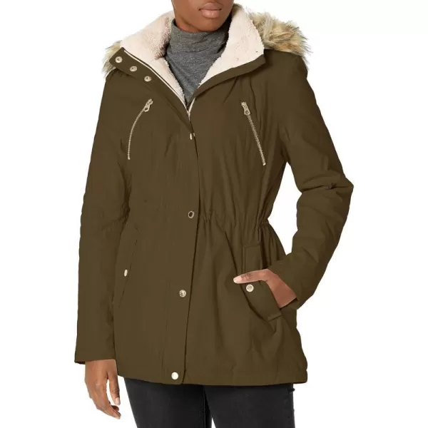 Nautica Womens Microfiber Parka Anorak Jacket with Faux Fur Hooded TrimOlive