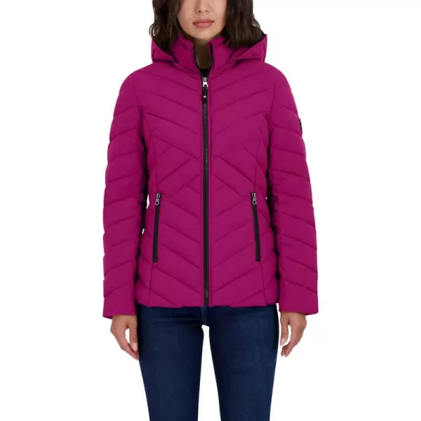 Nautica Womens Short Stretch Lightweight Puffer Jacket with Removeable HoodRaspberry