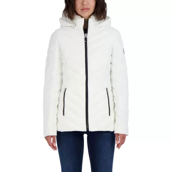 Nautica Womens Short Stretch Lightweight Puffer Jacket with Removeable HoodWinter White