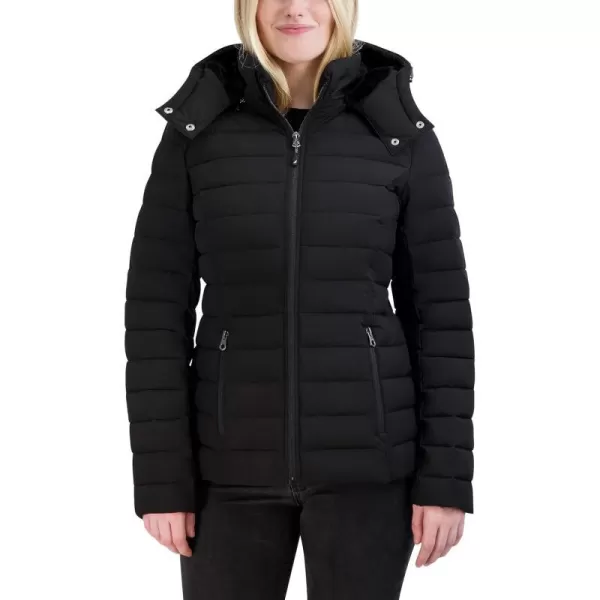 Nautica Womens Short Stretch Puffer Jacket with Fur HoodBlack