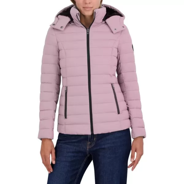 Nautica Womens Short Stretch Puffer Jacket with Fur HoodElderberry