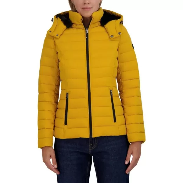 Nautica Womens Short Stretch Puffer Jacket with Fur HoodHarvest Yellow