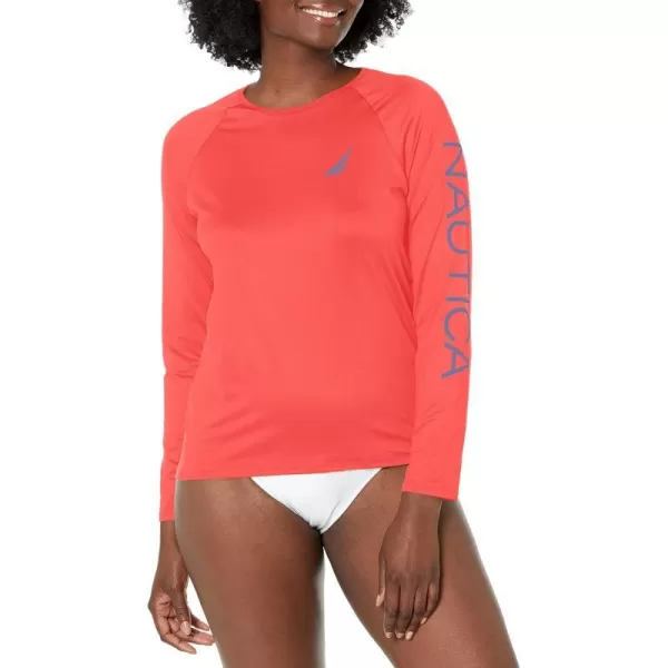 Nautica Womens Standard Long Sleeve Rashguard UPF 30 Uv Sun Protection Swim ShirtRed