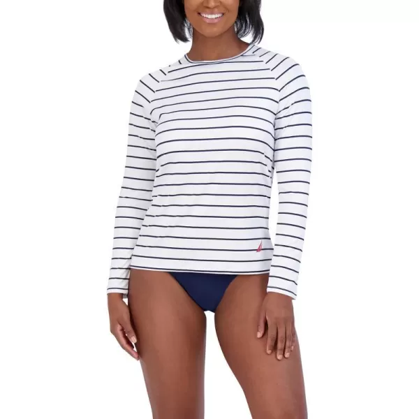 Nautica Womens Standard Long Sleeve Rashguard UPF 30 Uv Sun Protection Swim ShirtWhite Stripe