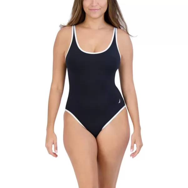 Nautica Womens Standard One Piece Swimsuit Binding Mio Tummy Control Quick Dry Removable Cup Adjustable Strap Bathing SuitBlackWhite