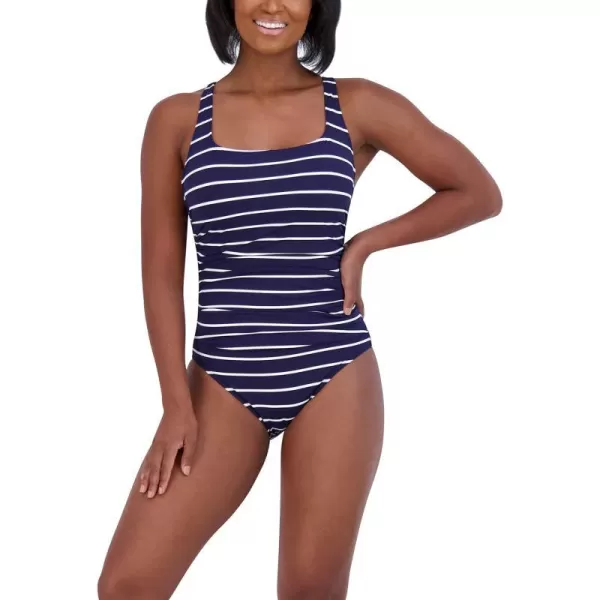 Nautica Womens Standard One Piece Swimsuit Crossback Tummy Control Quick Dry Removable Cup Adjustable Strap Bathing SuitDeep Sea Stripe