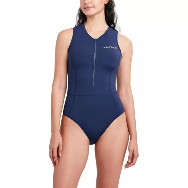 Nautica Womens Standard One Piece Swimsuit Racerback Tummy Control Quick Dry Removable Cup Quarter Zip Bathing SuitDeep Sea