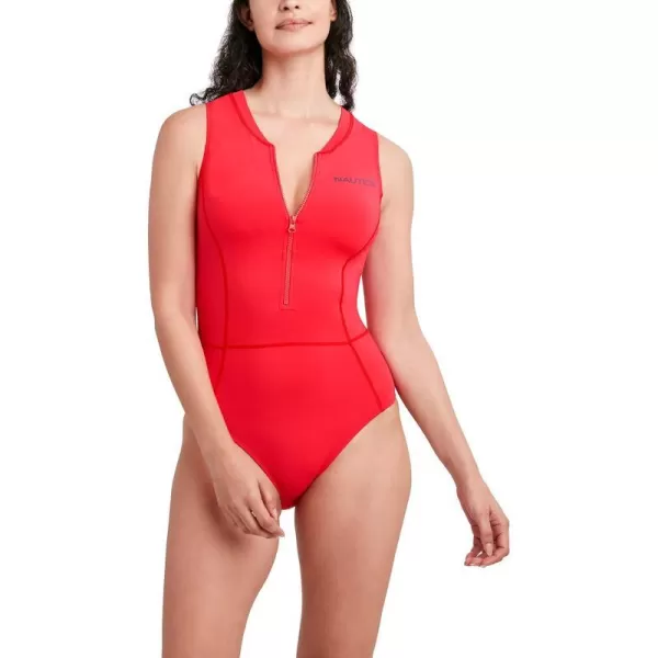 Nautica Womens Standard One Piece Swimsuit Racerback Tummy Control Quick Dry Removable Cup Quarter Zip Bathing SuitLifeguard Red