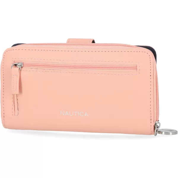 Nautica Womens  Be Shore Vegan Leather RFID Wallet  Zip Around Clutch Large Slim Phone Case and MultiCard Organizer PlumAloha Pink