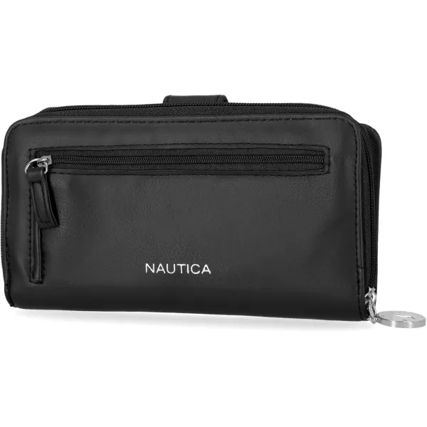 Nautica Womens  Be Shore Vegan Leather RFID Wallet  Zip Around Clutch Large Slim Phone Case and MultiCard Organizer PlumBlack Buff