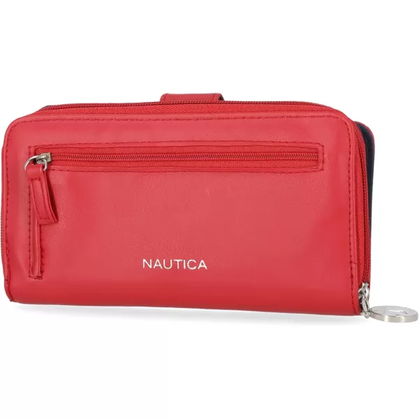 Nautica Womens  Be Shore Vegan Leather RFID Wallet  Zip Around Clutch Large Slim Phone Case and MultiCard Organizer PlumFuego Red