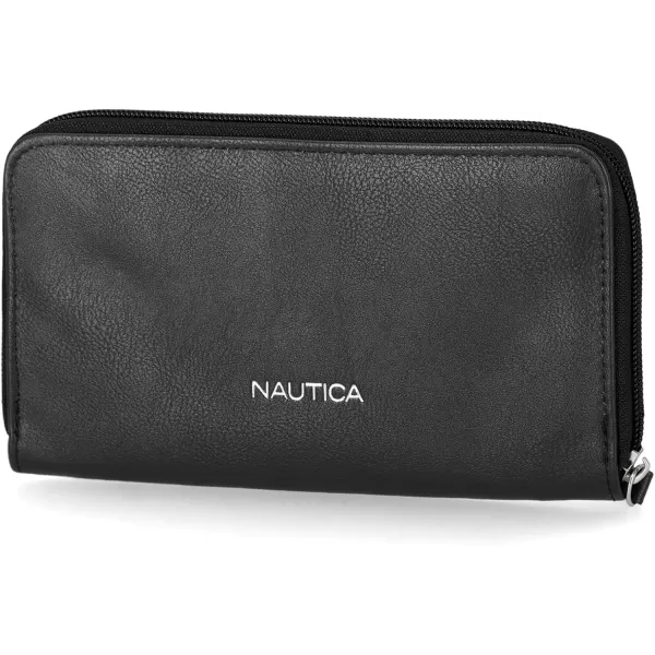 Nautica Womens  Bulk Cargo Vegan Leather RFID Wallet  Fashionable Zip Around Large Clutch with Phone Case and MultiCard Organizer EarthBlack