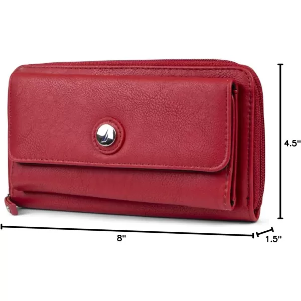 Nautica Womens  Bulk Cargo Vegan Leather RFID Wallet  Fashionable Zip Around Large Clutch with Phone Case and MultiCard Organizer EarthFuego Red