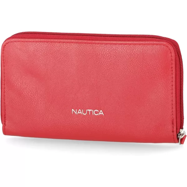 Nautica Womens  Bulk Cargo Vegan Leather RFID Wallet  Fashionable Zip Around Large Clutch with Phone Case and MultiCard Organizer EarthFuego Red