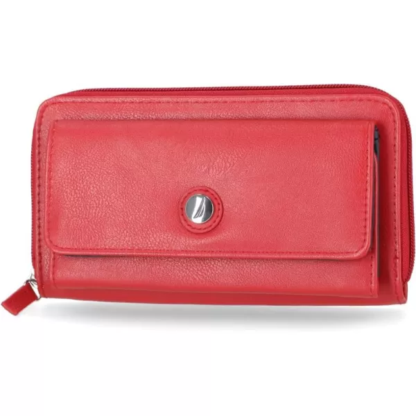 Nautica Womens  Bulk Cargo Vegan Leather RFID Wallet  Fashionable Zip Around Large Clutch with Phone Case and MultiCard Organizer EarthFuego Red