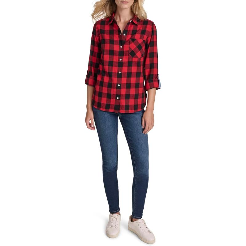 imageNautica Womens Button Front Long Sleeve Roll Tab ShirtBlackHaute Red