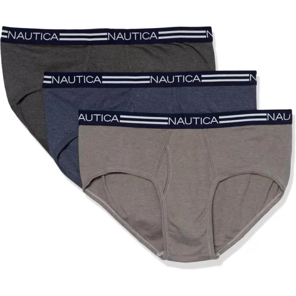 imageNautica Mens Classic Cotton 3Pack Fly Front BriefsPeacoat HeatherCharcoal HeatherHeather Grey