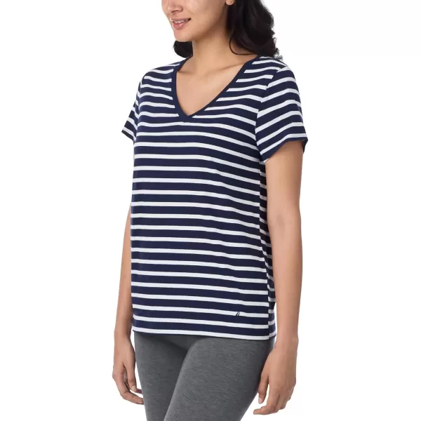 imageNautica Womens Sleep Shirt  Lightweight Breathable Pajama Top  Cotton Knit Jersey VNeck Sleepwear and LoungewearNavy Stripe