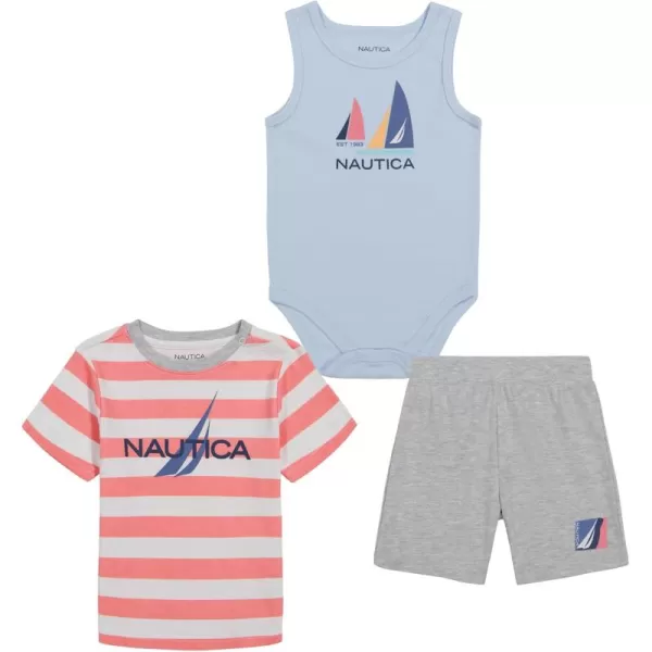 imageNautica Baby Boys 3 Piece Bodysuit Top ShortRed Stripe  Heather  Blue