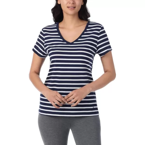 imageNautica Womens Sleep Shirt  Lightweight Breathable Pajama Top  Cotton Knit Jersey VNeck Sleepwear and LoungewearNavy Stripe