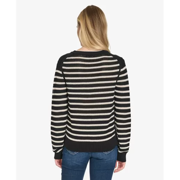 imageNautica Womens Long Sleeve Striped Crewneck SweaterBlackWhite Swan