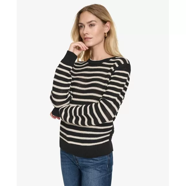 imageNautica Womens Long Sleeve Striped Crewneck SweaterBlackWhite Swan