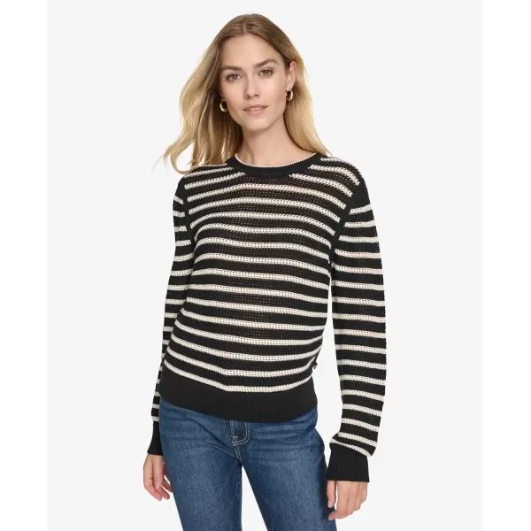 imageNautica Womens Long Sleeve Striped Crewneck SweaterBlackWhite Swan