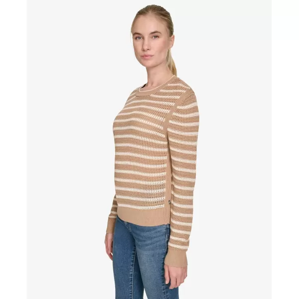 imageNautica Womens Long Sleeve Striped Crewneck SweaterCamelWhite Swan