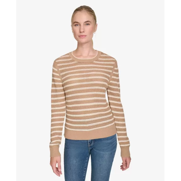 imageNautica Womens Long Sleeve Striped Crewneck SweaterCamelWhite Swan