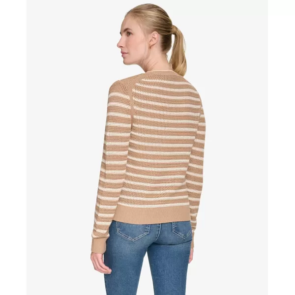 imageNautica Womens Long Sleeve Striped Crewneck SweaterCamelWhite Swan