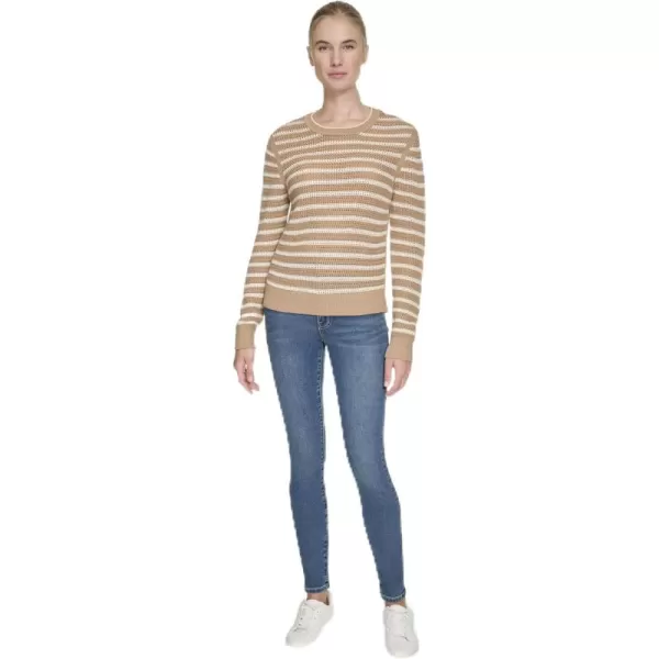 imageNautica Womens Long Sleeve Striped Crewneck SweaterCamelWhite Swan