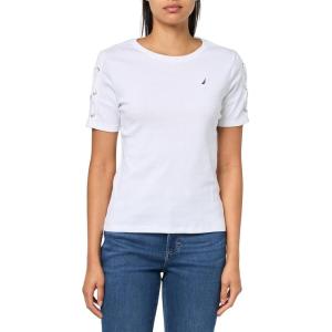 imageNautica Womens TShirt Cotton Crewneck with Laceup Sleeve DetailBright White
