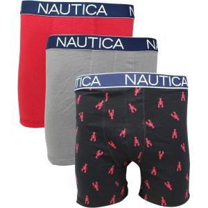 imageNautica Mens 3 Pack Cotton Stretch Boxer BriefNautica RedPlatinum GreyLobster Print Black