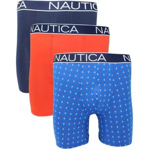 imageNautica Mens 3 Pack Cotton Stretch Boxer BriefPeacoatOrangeAnchor Print Cobalt
