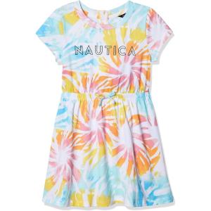 imageNautica Girls Short Sleeve Jersey Tee Dress with Elastic Cinched Waist Fun Designs ampamp ColorsWhite Sunburst Tie Dye