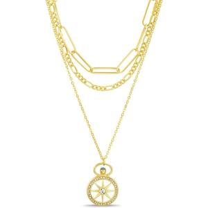 imageNautica 14K Gold Plated Brass Necklace  Three Row Layered Pendant Chain Necklace for Women Compass