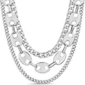imageNautica 14K Gold Plated Brass Necklace  Three Row Layered Statement Chain Necklace for Women Classic White