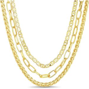 imageNautica 14K Gold Plated Brass Necklace  Three Row Layered Statement Chain Necklace for Women Gold Tone 1