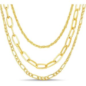 imageNautica 14K Gold Plated Brass Necklace  Three Row Layered Statement Chain Necklace for Women Gold Tone 2
