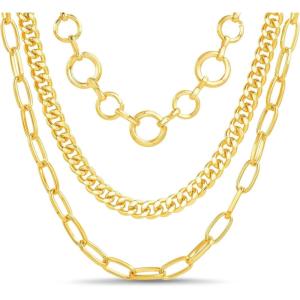 imageNautica 14K Gold Plated Brass Necklace  Three Row Layered Statement Chain Necklace for Women Gold Tone 4