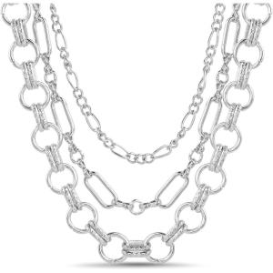 imageNautica 14K Gold Plated Brass Necklace  Three Row Layered Statement Chain Necklace for Women Silver Tone