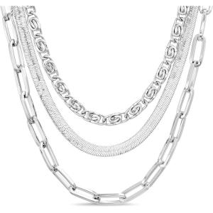 imageNautica 14K Gold Plated Brass Necklace  Three Row Layered Statement Chain Necklace for Women White SwirlHerringbonePaperclip