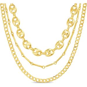 imageNautica 14K Gold Plated Brass Necklace  Three Row Layered Statement Chain Necklace for Women Yellow Puffy LinkCurb Chain